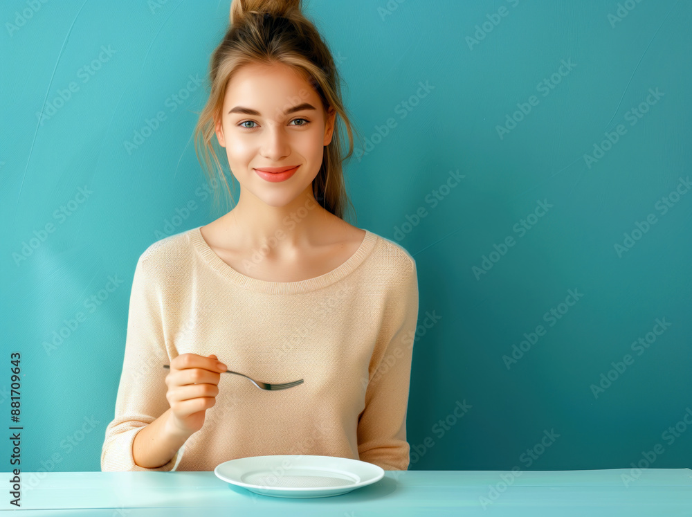 Happy woman sitting at a table with cutlery, ready to dine. Happy woman sitting at a table with cutlery, ready to dine.
