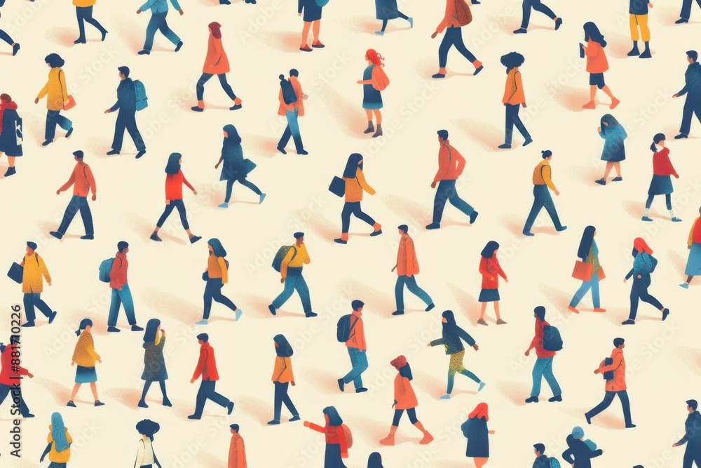 Stylized people walking in various directions wearing colorful attire Stylized people walking in various directions wearing colorful attire