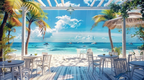 Beachfront Cafe with Palm Trees and Ocean View