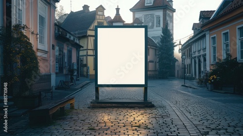 Vertical Blank White Screen Billboard Mock-up in Historic Village Square with Traditional Houses | 32k Ultra HD High Resolution