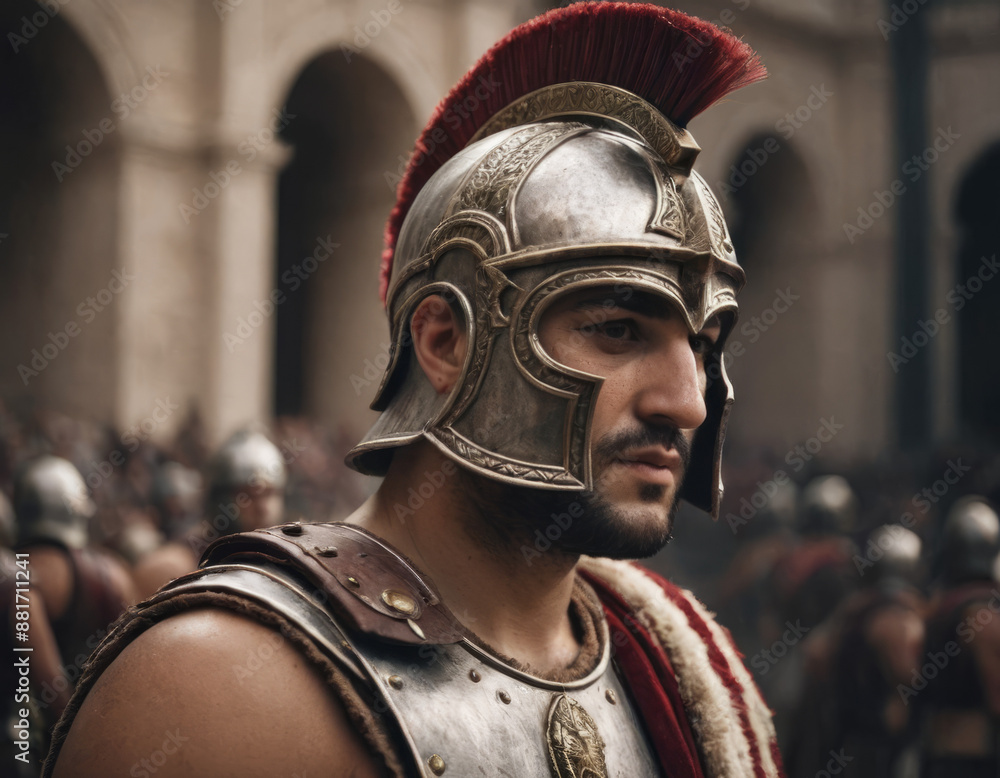 A gladiator with hair stuck to his forehead from sweat.
A gladiator with hair stuck to his forehead from sweat.
