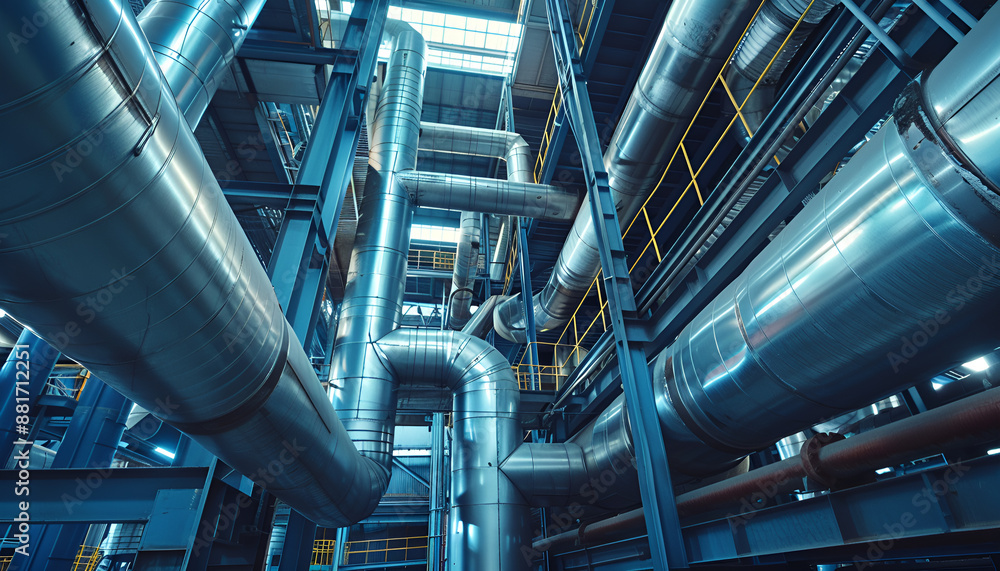 Steel pipelines and cables in factory interior as chemical industry background concept Steel pipelines and cables in factory interior as chemical industry background concept