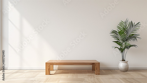 An image featuring a bamboo square table set against a white wall. The arrangement is minimalist and centered, providing a spacious and clean area for product presentation.