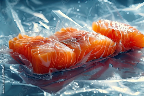 Fresh salmon fillets in vacuum sealed package photo