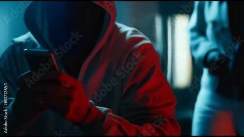 Hacker in a dark room. Scammer calls on the phone. Fraudster uses smartphone..