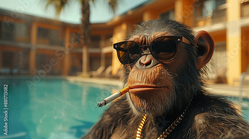 Monkey wearing sunglasses and gold chain, smoking a cigarette by a pool. Poolside relaxation, travel, cruise, vacation, leisure, summer, animal, wildlife, fun, enjoyment, journey, adventure, tropical photo