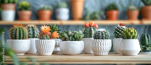 Mini fresh green cactus with orange flowers in white flowerpot on bookshelf in living room, with empty copy space