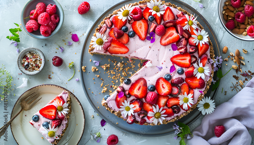 Sliced raw vegan strawberry and cherry cashews cake with fresh berries, nuts and flowers. Veggie dessert. Top view Sliced raw vegan strawberry and cherry cashews cake with fresh berries, nuts and flowers. Veggie dessert. Top view