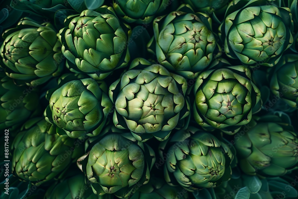 A pile of green artichokes shaped like the letter, viewed from above in closeup, with a macro lens highlighting the texture in bright colors against a fresh, vibrant background in a symmetrical compos A pile of green artichokes shaped like the letter, viewed from above in closeup, with a macro lens highlighting the texture in bright colors against a fresh, vibrant background in a symmetrical compos