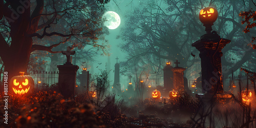 Wallpaper Mural Eerie Halloween Graveyard with Glowing Jack-O'-Lanterns  Spooky Full Moon Night Featuring Fog and Creepy Atmosphere Torontodigital.ca