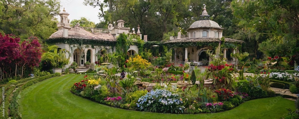 A large house with a lush garden and a small courtyard A large house with a lush garden and a small courtyard