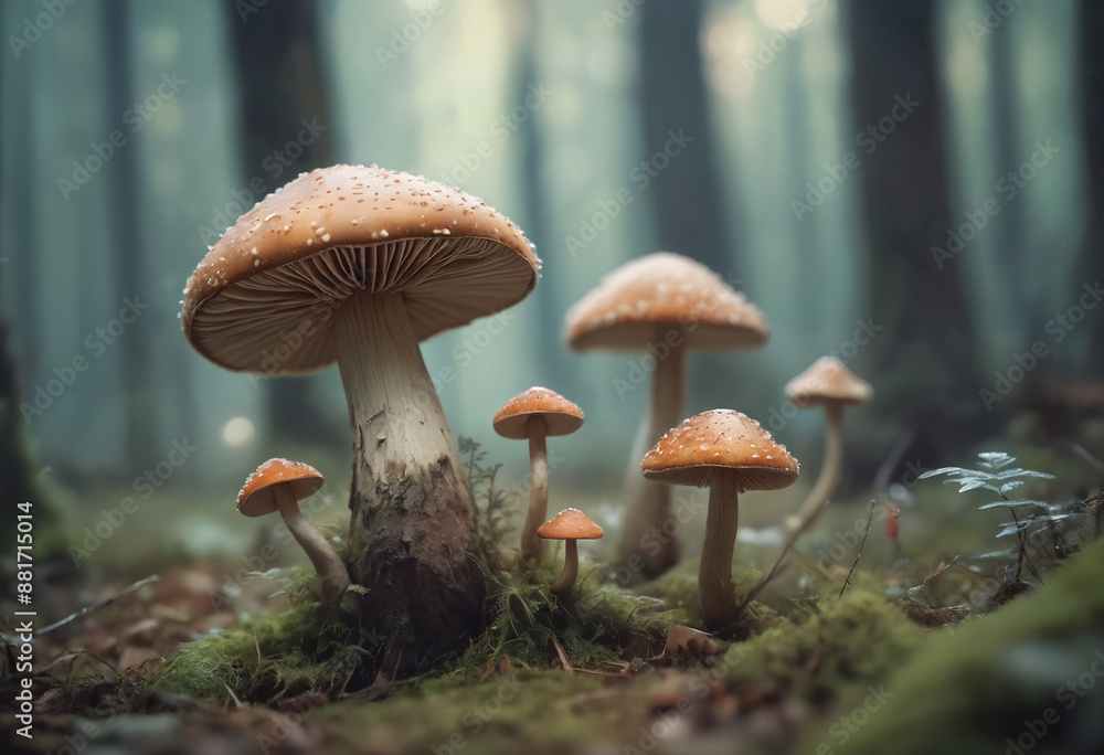 Close-up of a mystical mushrooms emerge in magical forest, blurred background Close-up of a mystical mushrooms emerge in magical forest, blurred background
