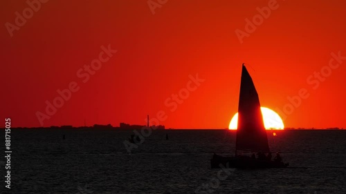 Sailboat sails on calm waters of Neva Bay, dark silhouette against a beautiful sunset. Half of sun's disk is visible above horizon, clear sky in dark red color. Urban island seen at distance photo