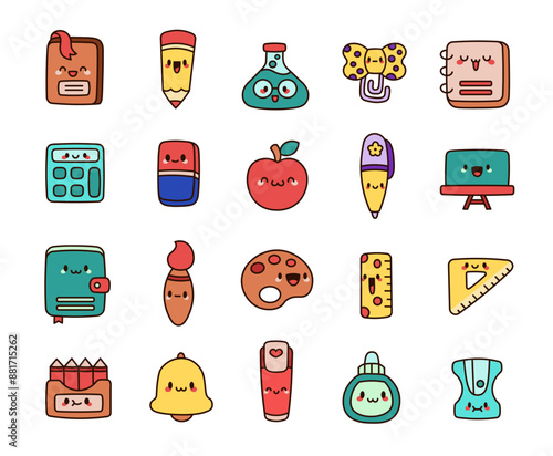 Cute kawaii school supplies with funny faces. Adorable cartoon characters for studying. Hand drawn style. Vector drawing. Collection of design elements.