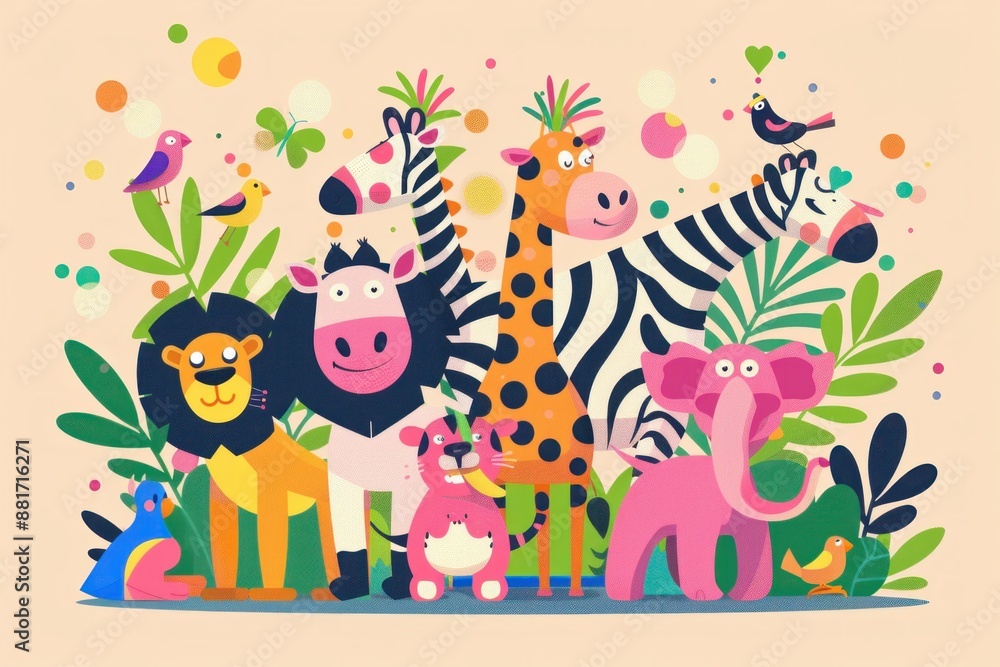 Naklejka premium Cute cartoon animals in the jungle adventure illustration for children's book displaying fun playful wildlife nature scene