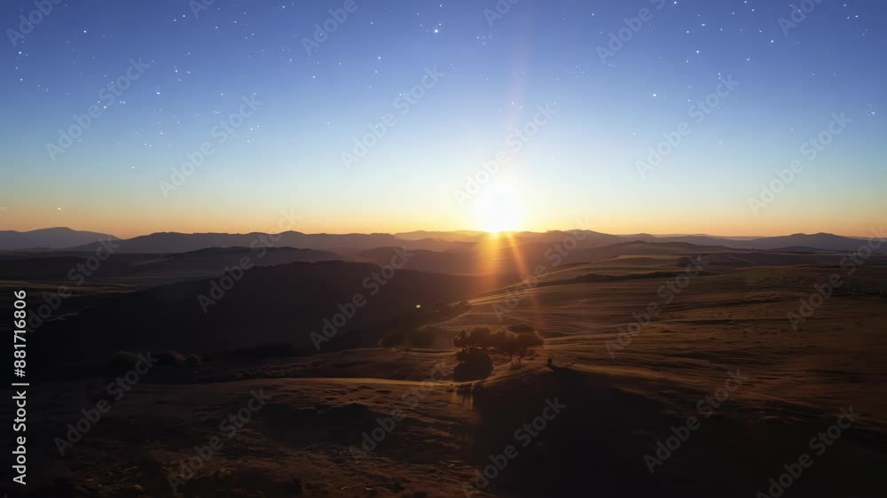 Sun blazes over rolling hills. Shadows lengthen rapidly. Darkness sweeps across the landscape. Stars emerge in the deepening sky. Sun blazes over rolling hills. Shadows lengthen rapidly. Darkness sweeps across the landscape. Stars emerge in the deepening sky.