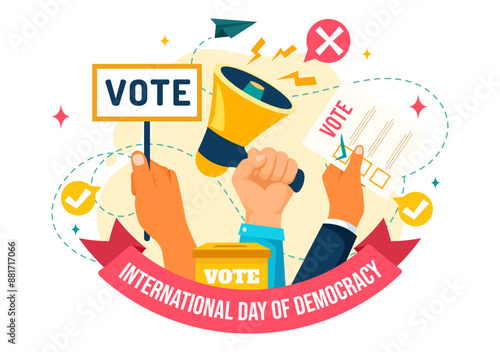 International Day of Democracy Vector Illustration on September 15 with Hands Holding Voting Papers for Resolution in a Flat Cartoon Style Background
