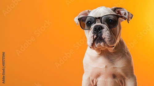 Adorable bulldog wearing sunglasses against a vibrant orange background, showcasing a cool and stylish look. Perfect for pet and lifestyle themes. photo