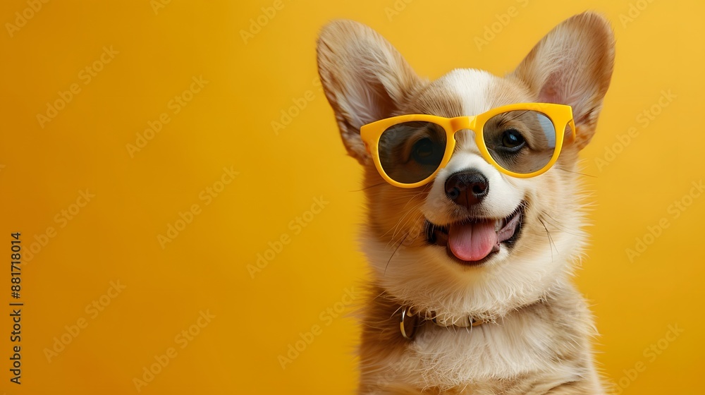 Adorable corgi dog wearing yellow sunglasses against a bright orange background. Fun and cute pet portrait with cheerful expression. Adorable corgi dog wearing yellow sunglasses against a bright orange background. Fun and cute pet portrait with cheerful expression.