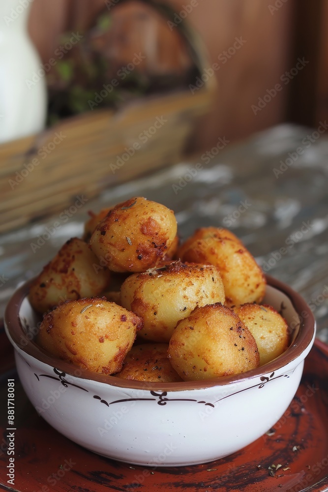 A bowl of crispy roasted potatoes is set on a rustic table, showcasing their golden-brown texture and seasoning. The potatoes are beautifully roasted, with a crunchy exterior and tender interior, maki A bowl of crispy roasted potatoes is set on a rustic table, showcasing their golden-brown texture and seasoning. The potatoes are beautifully roasted, with a crunchy exterior and tender interior, maki