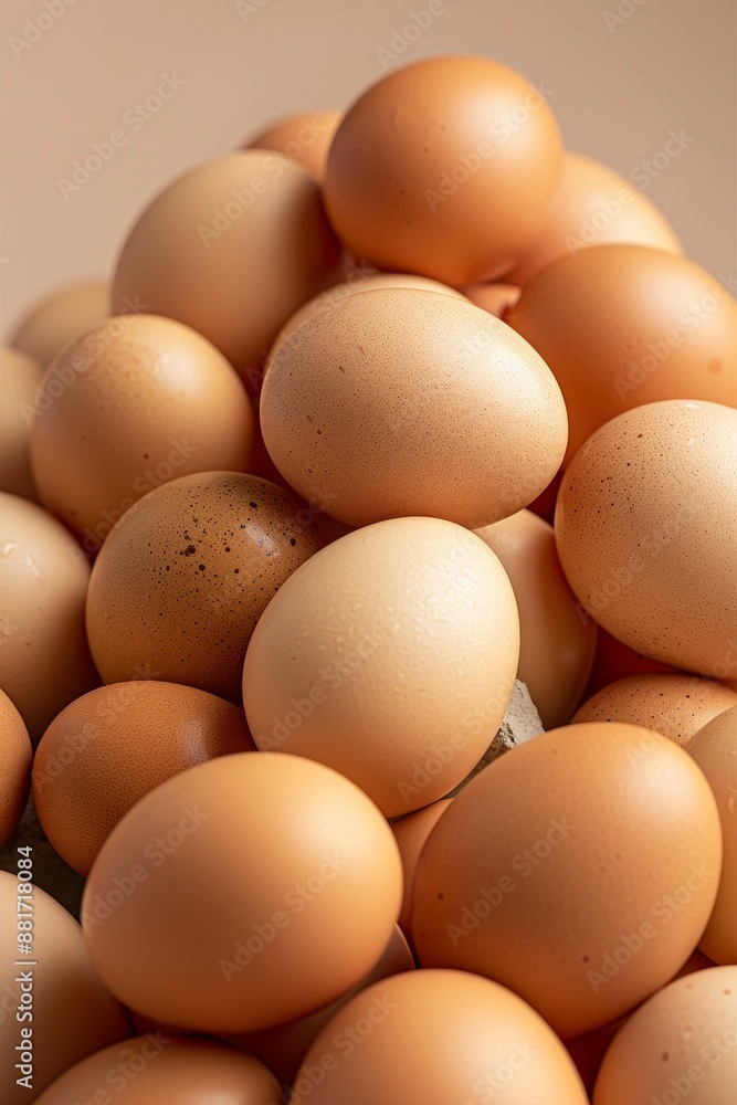 A close-up image showcases a large heap of fresh brown chicken eggs. Each egg displays a natural, speckled pattern, varying in shades of brown. The smooth, unblemished shells suggest the eggs are fres A close-up image showcases a large heap of fresh brown chicken eggs. Each egg displays a natural, speckled pattern, varying in shades of brown. The smooth, unblemished shells suggest the eggs are fres