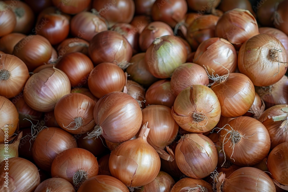 Obraz premium A large pile of fresh brown onions is displayed, showcasing their natural texture and colors. The onions have a golden-brown hue with varying shades and imperfections, highlighting their organic natur
