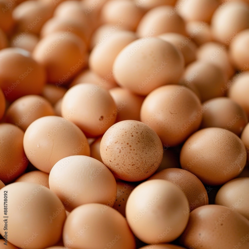 A close-up image showcases a large heap of fresh brown chicken eggs. Each egg displays a natural, speckled pattern, varying in shades of brown. The smooth, unblemished shells suggest the eggs are fres A close-up image showcases a large heap of fresh brown chicken eggs. Each egg displays a natural, speckled pattern, varying in shades of brown. The smooth, unblemished shells suggest the eggs are fres