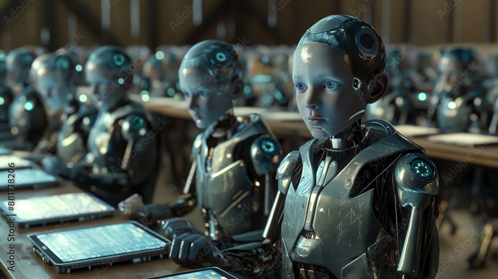 a futuristic classroom with humanoid robotic cyborg studying together, Ai training conceptual background a futuristic classroom with humanoid robotic cyborg studying together, Ai training conceptual background