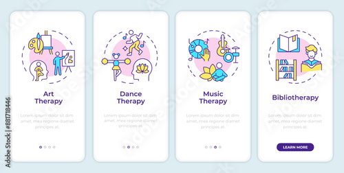 Expressive therapies onboarding mobile app screen. Walkthrough 4 steps editable graphic instructions with linear concepts. UI, UX, GUI template. Montserrat SemiBold, Regular fonts used