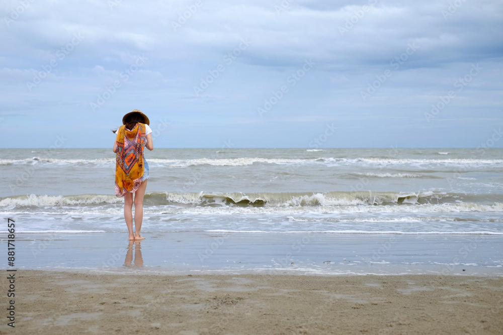 Summer beach background. Portrait young Asian woman in vacation travel holiday Summer beach background. Portrait young Asian woman in vacation travel holiday