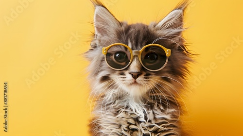 Adorable fluffy kitten wearing stylish glasses against a vibrant yellow background, perfect for pet-themed content and fun creative use.