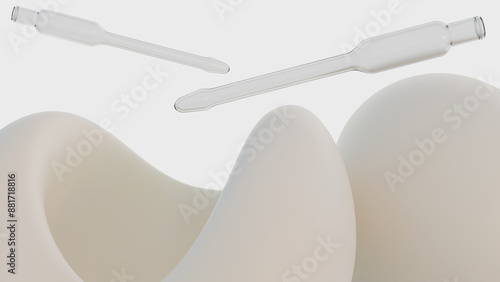 A 3D rendering of pouring milk and a butyrometer, a scientific instrument used to measure the fat content of dairy products.