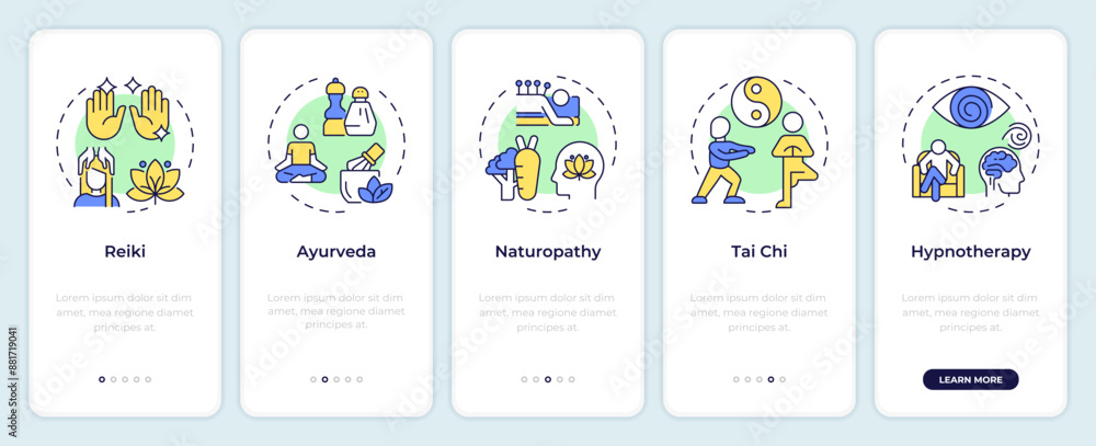 Fototapeta premium Alternative medicine and therapy onboarding mobile app screen. Walkthrough 5 steps editable graphic instructions with linear concepts. UI, UX, GUI template. Montserrat SemiBold, Regular fonts used