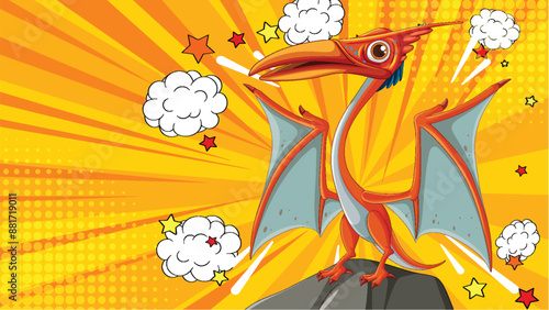 A heroic pterodactyl on a vibrant background
