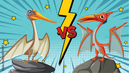 Two pterosaurs in a comic-style showdown