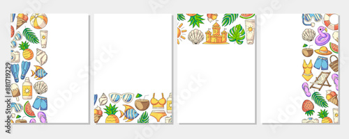 Set of summer colorful vertical a4 poster, painted beach elements, accessories icons. Left, right side, upper, bottom border frame, space for text, isolated on white. For banner, invitation, sale