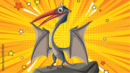 Colorful pterosaur standing on a rock