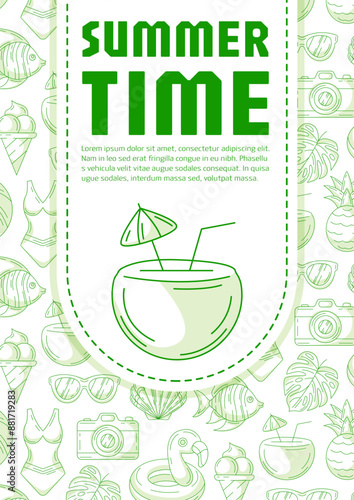 Summer beach vertical poster a4, vector green modern minimalist design with seasonal line icons pattern, space for text. For banner, book cover, notebook, card, invitation, advertising or planner