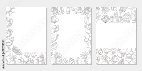 Set of summer minimalist vertical a4 poster, monochrome gray beach elements, accessories icons. Corner, upper, bottom border frame, copy space, isolated on white. For banner, invitation, sale, event