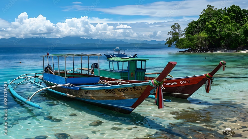 Aerial View of a Tropical Beach with Boats and Clear Water Aerial View of a Tropical Beach with Boats and Clear Water