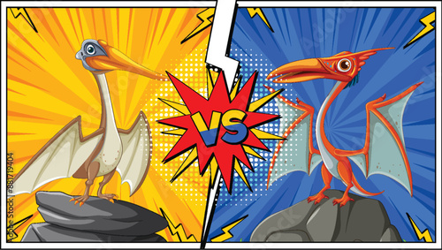 Two pterodactyls face off in a comic-style duel