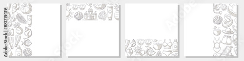 Set of summer minimalist square card, monochrome gray beach elements, accessories icons. Left, right side, upper, bottom border frame, copy space, isolated on white. For banner, invitation, poster