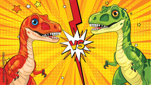 Two dinosaurs facing off in a comic style