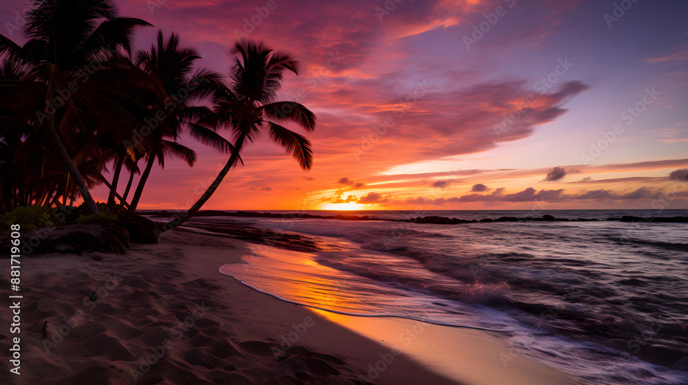 Stunning Shades of Sunset: A Majestic Display Of Nature’s Palette at a Tropical Beach Side Stunning Shades of Sunset: A Majestic Display Of Nature’s Palette at a Tropical Beach Side