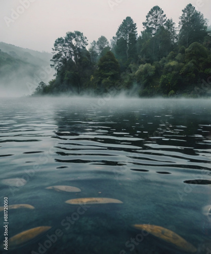 Misty morning over a calm river with fog and reflections in the water, surrounded by trees and mountains photo