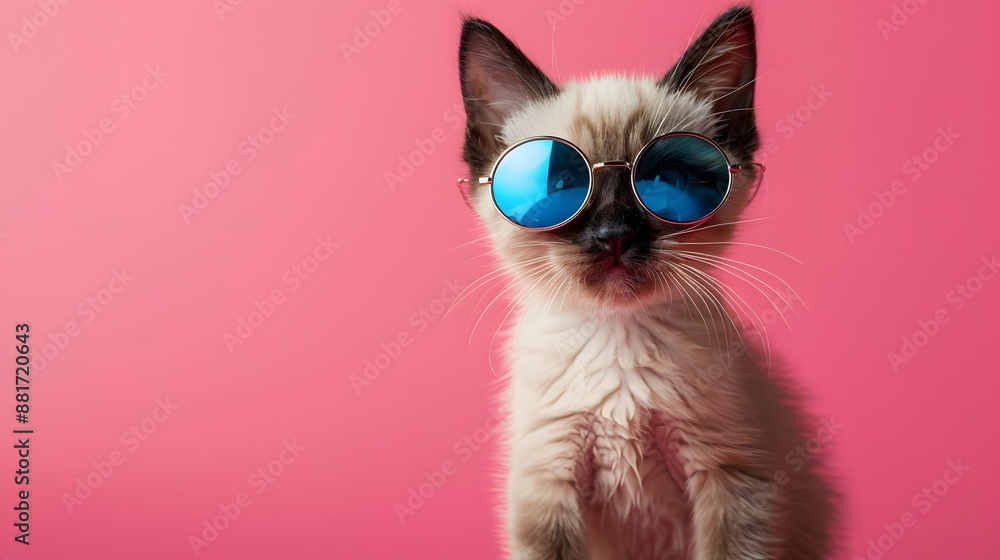 Adorable kitten with stylish sunglasses posing in front of a vibrant pink background, showcasing perfect cool attitude and charm. Adorable kitten with stylish sunglasses posing in front of a vibrant pink background, showcasing perfect cool attitude and charm.