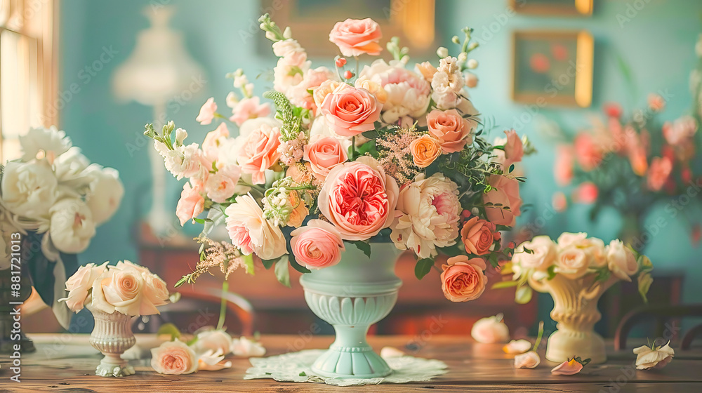 Large flower arrangement in blue vase decorating wedding reception Large flower arrangement in blue vase decorating wedding reception