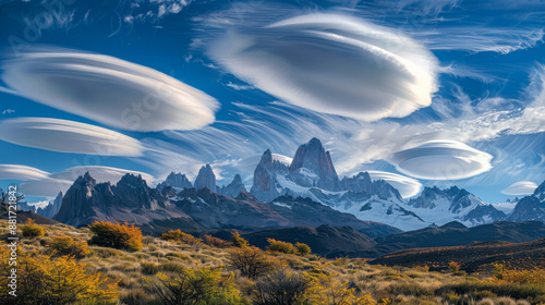 Fluffy clouds shaped like lenses float over Mount Fitzroy in Argentina's Patagonia region. photo