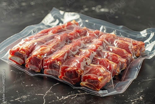 Vacuum sealed beef short ribs on a marble surface photo