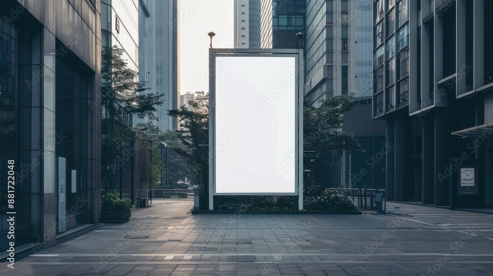 Fototapeta premium Futuristic Vertical Blank White Screen Billboard Mock-Up in High-Tech Business District | Corporate Offices 32k Ultra HD